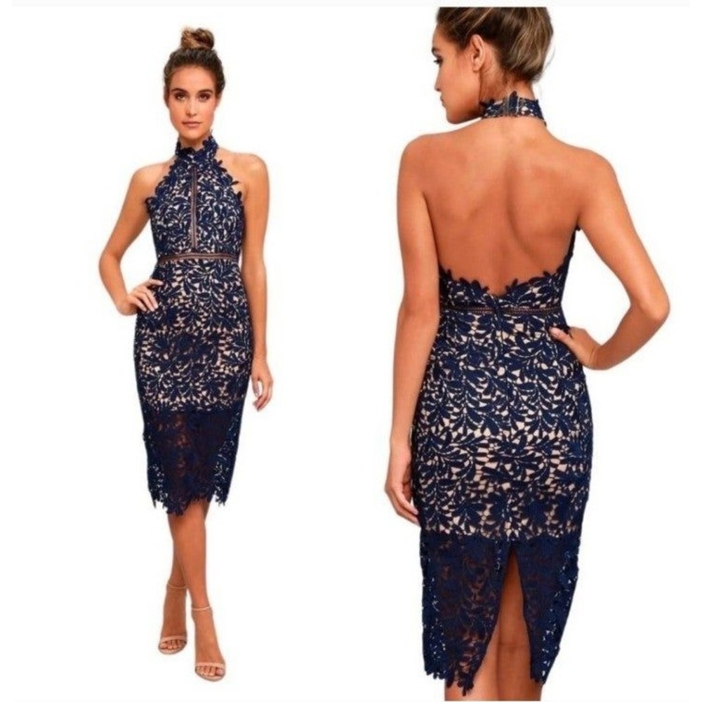 Lulus Divine Destiny Navy Blue Lace Midi Dress Size M